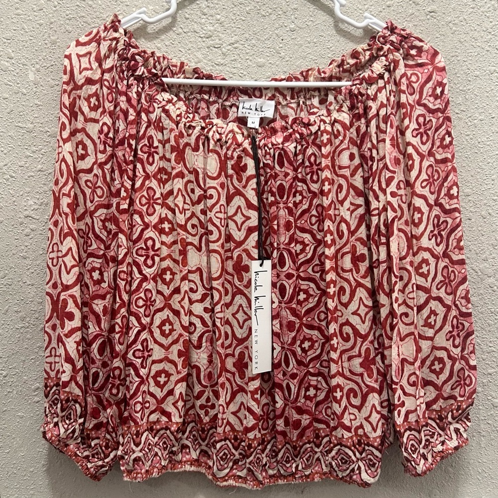 Nicole Miller Off the Shoulder Smocked Hems Pink and Red Blouse NWT M